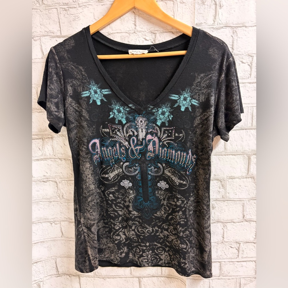 Angels & Diamonds Black V-Neck Tee with Turquoise & Pink Graphic